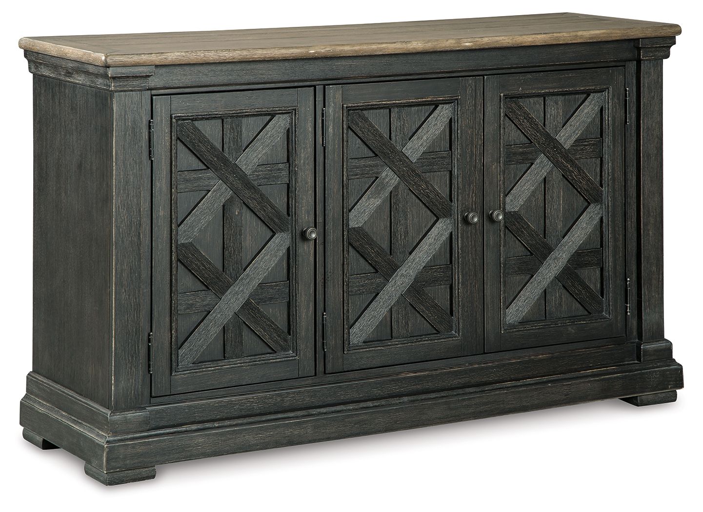 Dining room server cabinet with three X-pattern doors, dark gray/black finish, wood top.