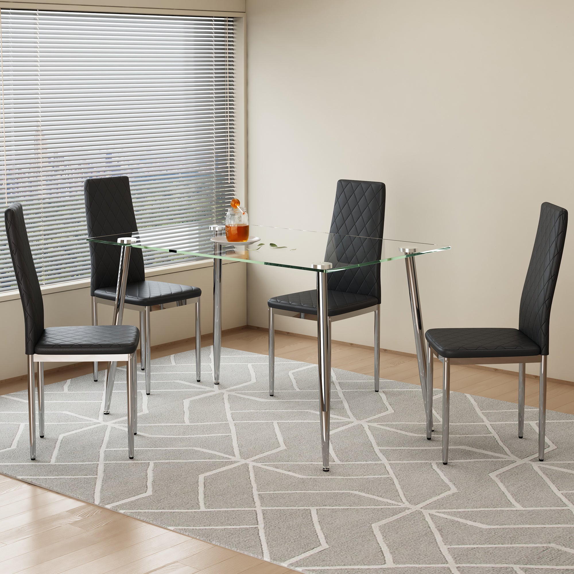 Glass Dining Table & 4 Black Chairs Set