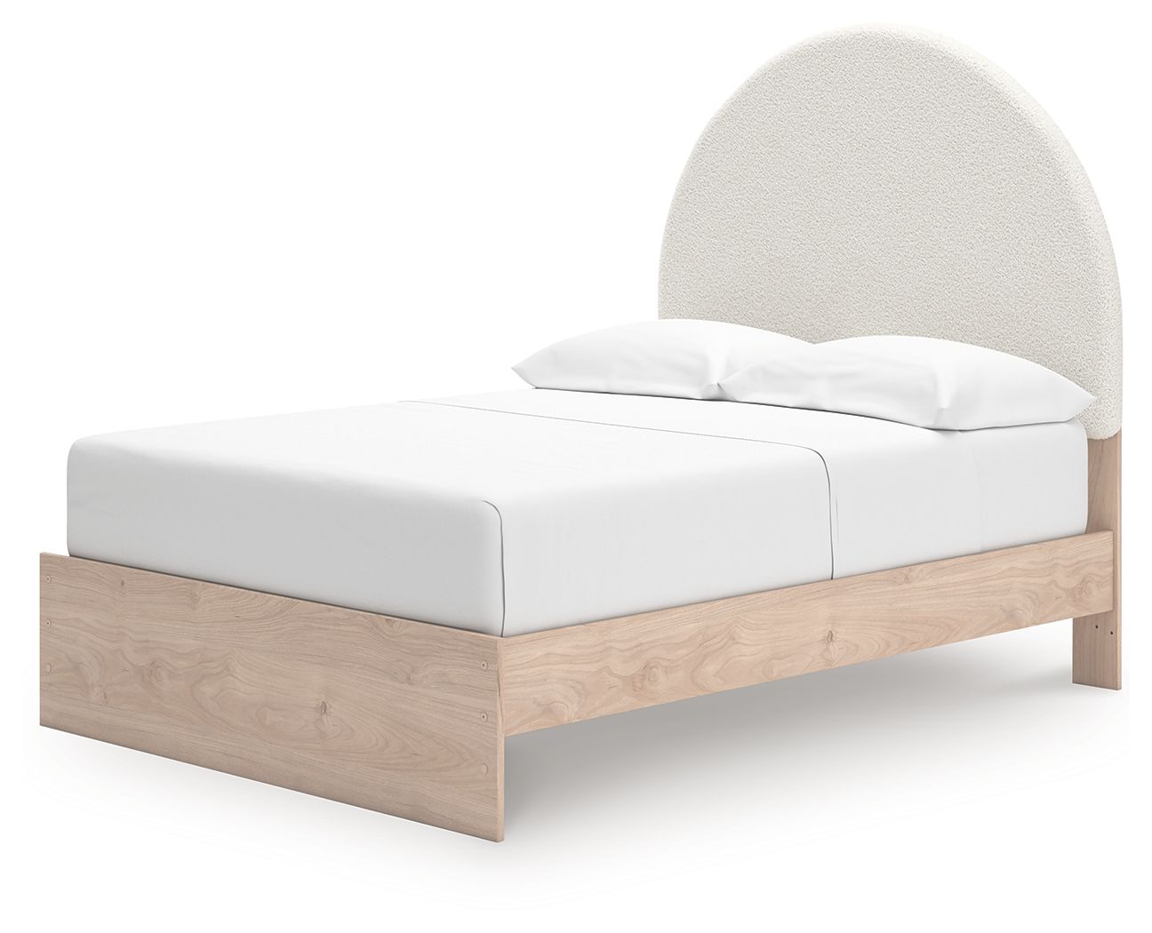 Beige upholstered panel bed with arched headboard and wooden side rails