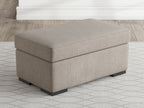 Heather fabric ottoman with square arms and flat cushion top, on black legs