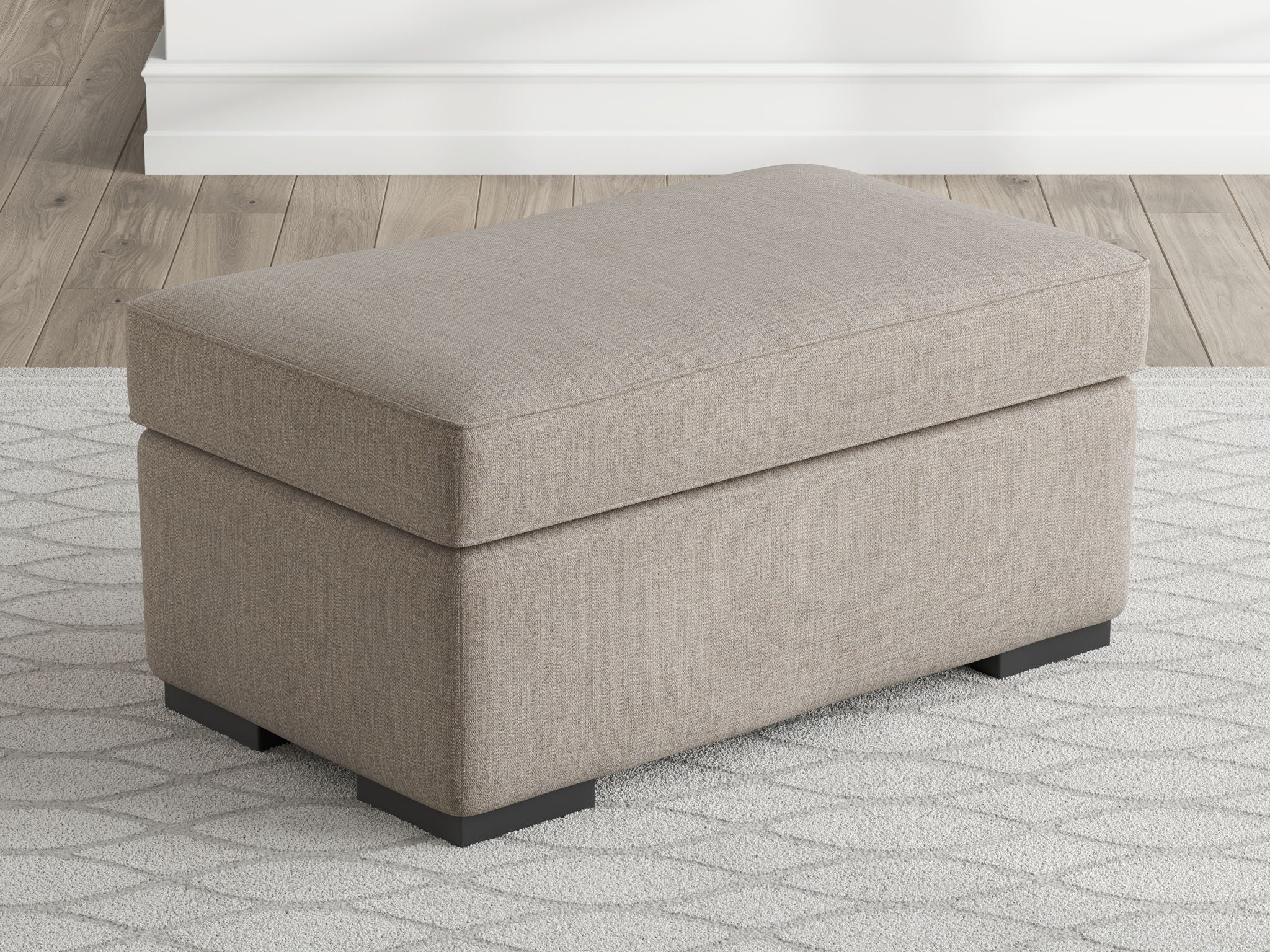 Heather fabric ottoman with square arms and flat cushion top, on black legs