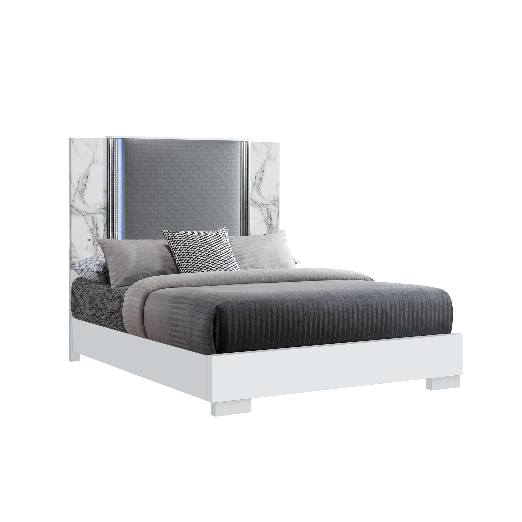 MOON White Marble Queen Bed | LED Accent Lighting | Solid Wood MDF