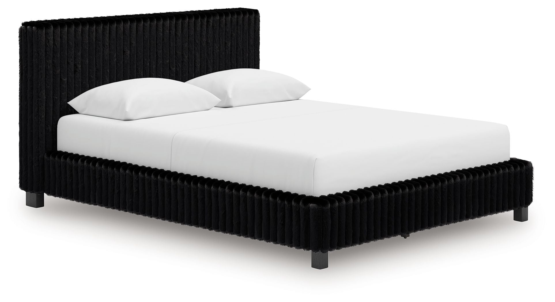 Upholstered bed with black ribbed headboard, white mattress and two white pillows