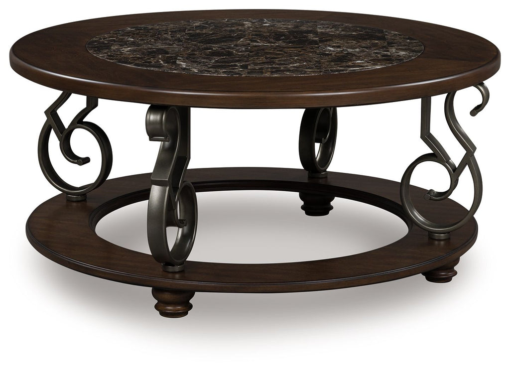 Dark brown round cocktail table with marble top, wrought-iron scroll legs, 2 tiers