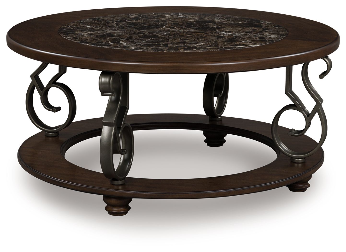 Dark brown round cocktail table with marble top, wrought-iron scroll legs, 2 tiers