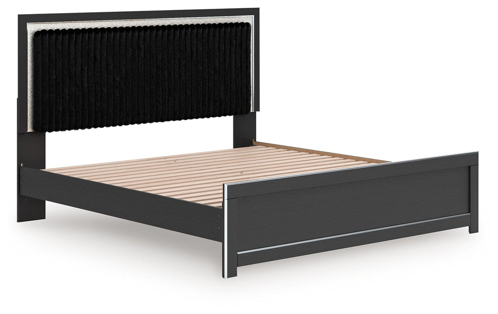 Black upholstered panel platform bed with roll-slat headboard and wood slat base
