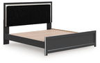 Black upholstered panel platform bed with roll-slat headboard and wood slat base