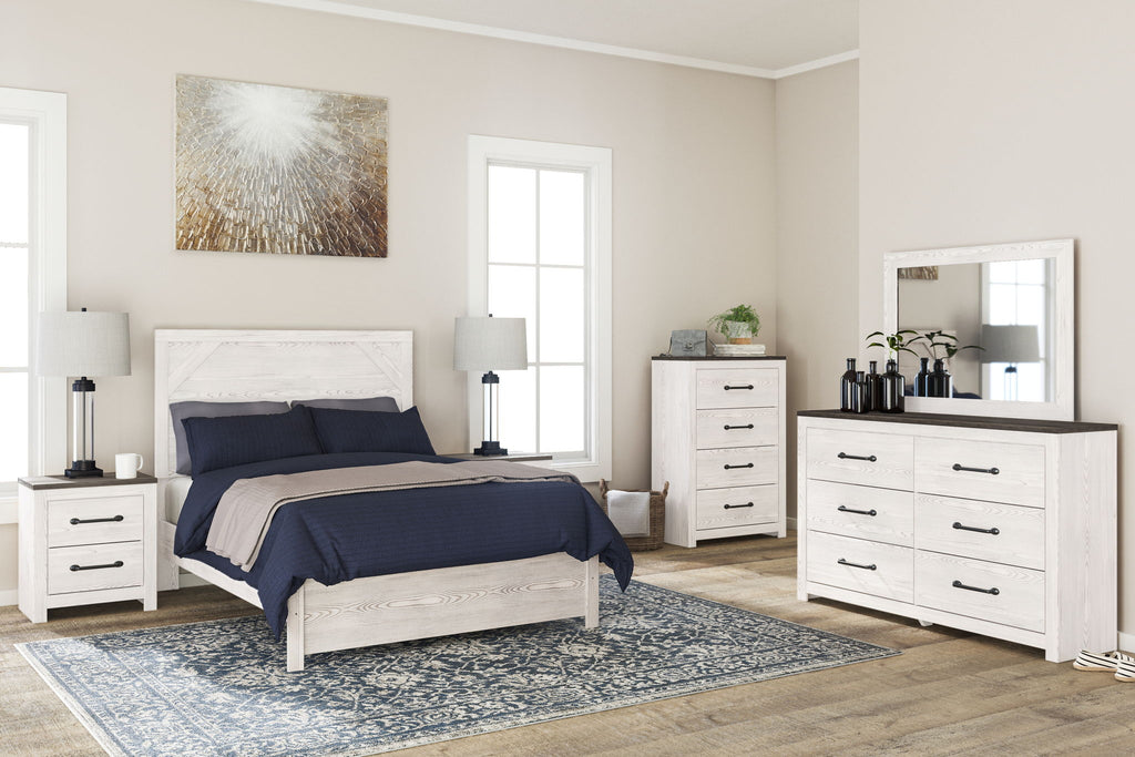 Full panel bed frame with light gray/white paneled headboard and footboard
