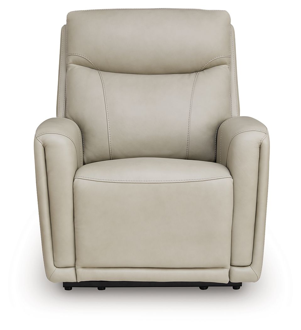 Bone power recliner chair with tall back, padded headrest, and wide cushioned seat