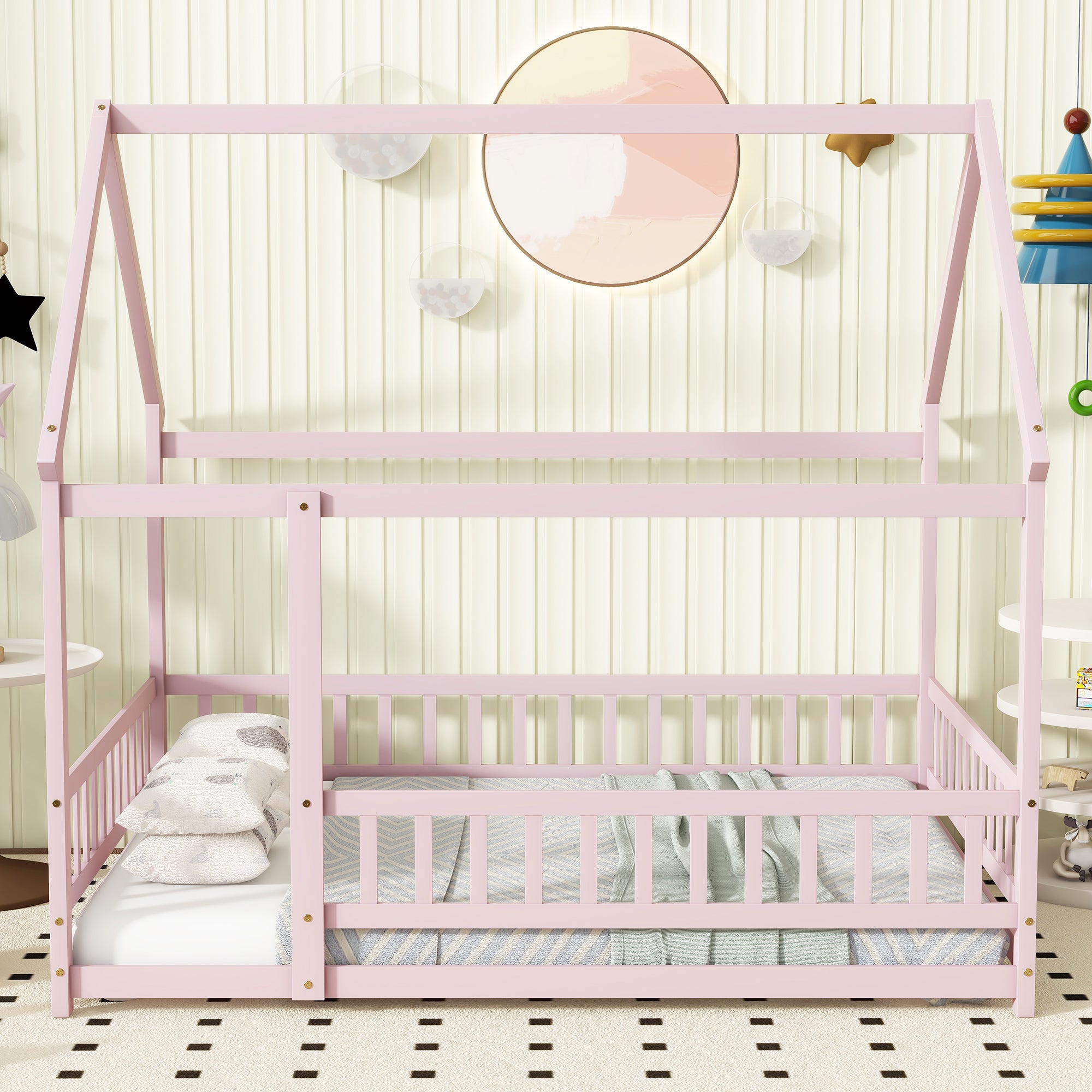 Pink Full Size Wooden Floor House Bed with Roof & Guardrails