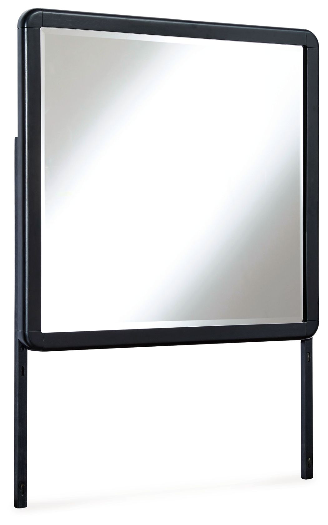 Black square bedroom mirror with wide frame and two legs.