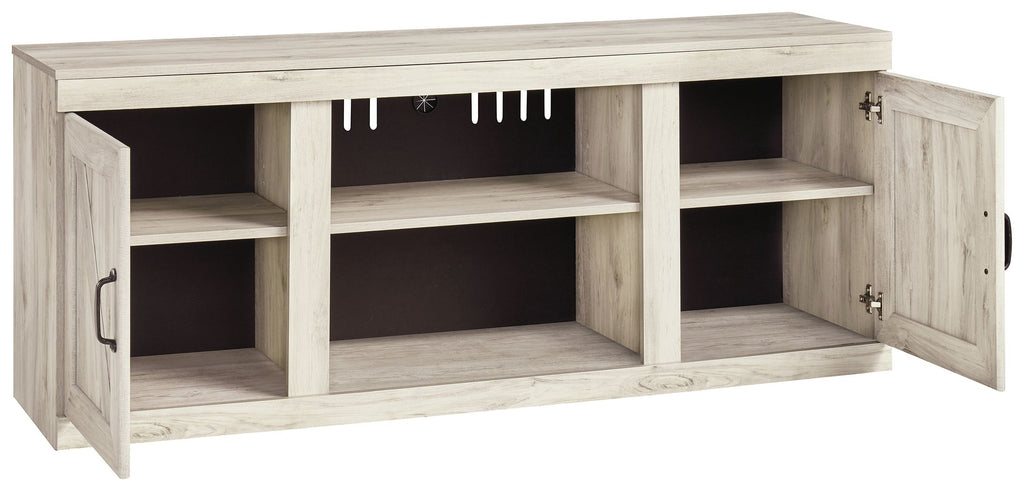Light beige TV stand with multiple open compartments and side hinged doors