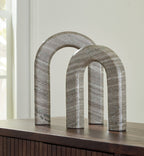 Taupe stone arch decor set of 2 on tabletop, arched openings facing forward