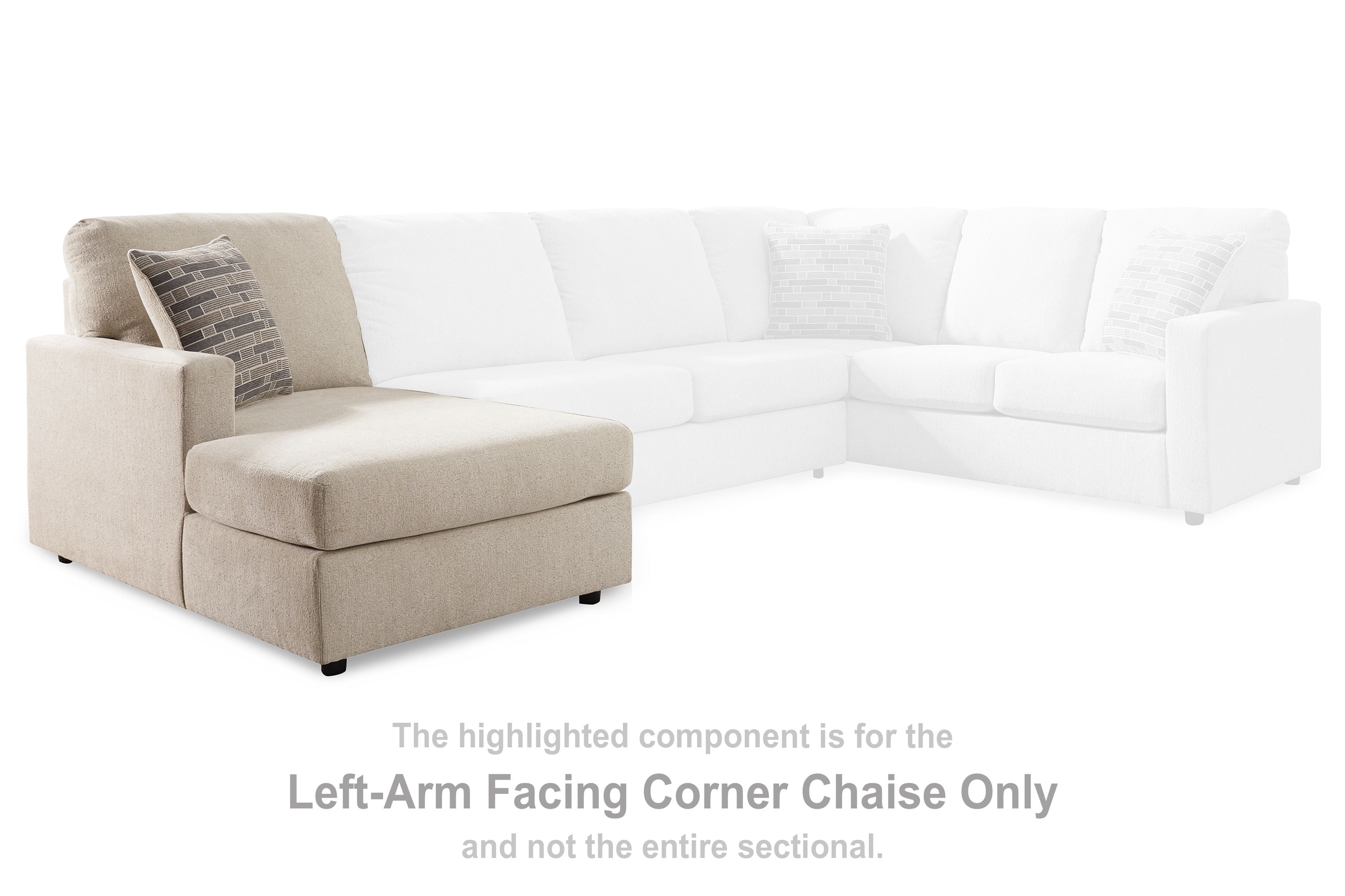 Left-arm corner chaise, pearl silver upholstery with two throw pillows