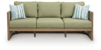 Outdoor sofa with green cushions and two striped pillows, beige slatted armrests