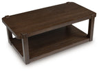 Dark brown rectangular two-tier table with open lower shelf and corner posts