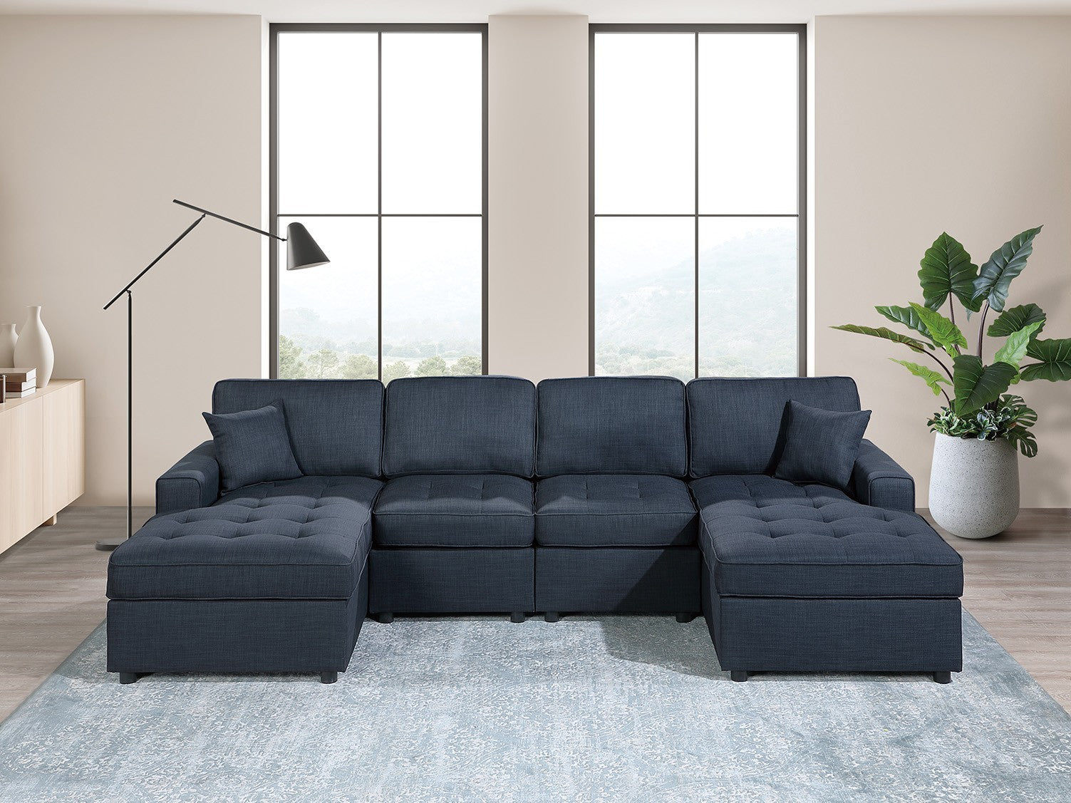 Contemporary Dark Blue Sectional Sofa: Chaise, Armless Chairs