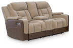 Power reclining loveseat with adjustable headrests, beige and brown two-tone upholstery.