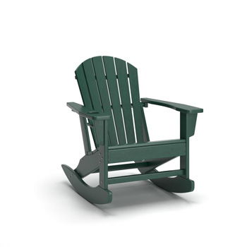 Green rocking chair with slatted back and curved rockers, wooden frame.