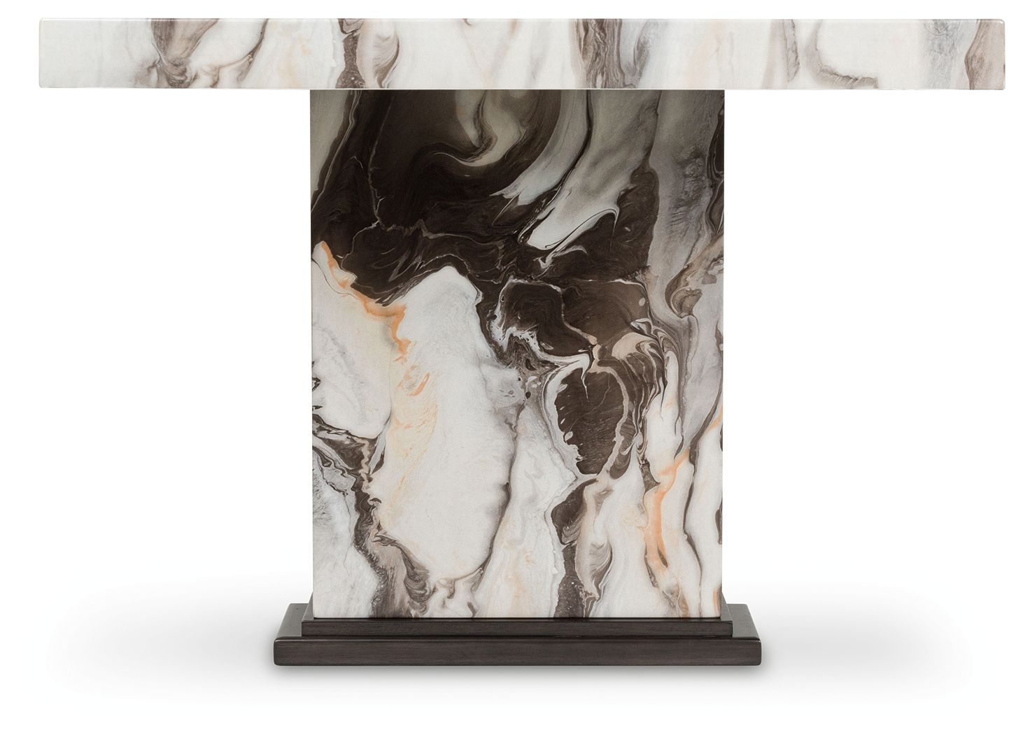 Dining table pedestal base with marble-look stone pattern and dark foot