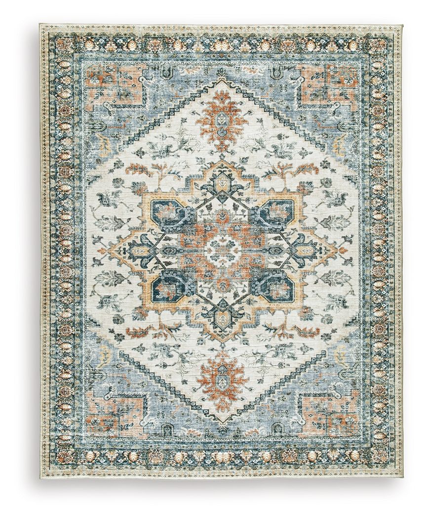 Wallney rug with light cream field and blue medallion center, ornate border