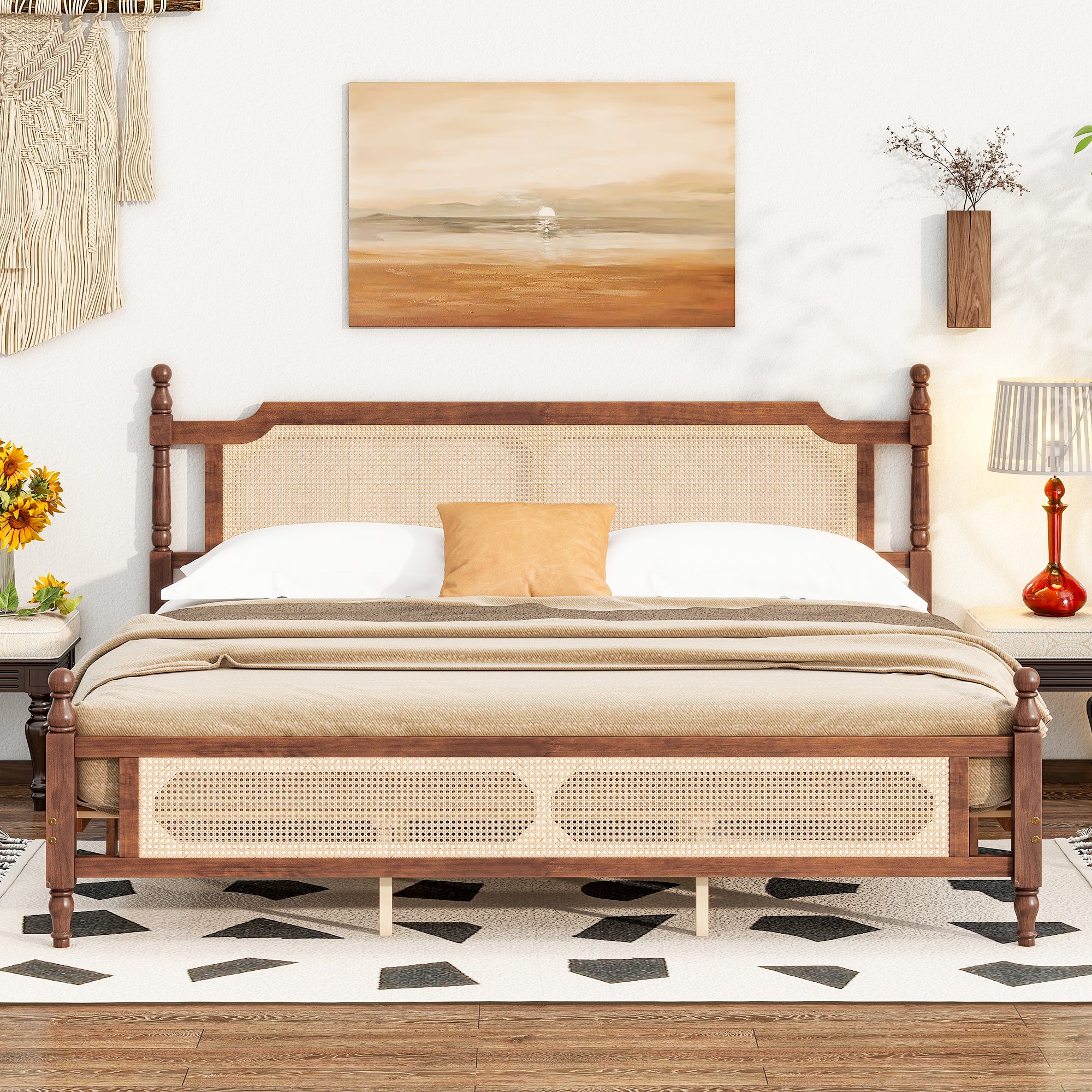 King Pine Walnut Bed: Rattan Headboard, Footboard, Enhanced Platform
