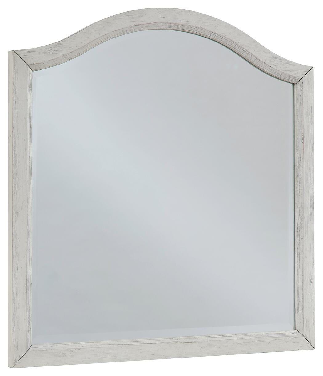 Antique white vanity mirror with arched top and flat reflective glass