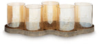 Antique gold candle holder with four clear cylindrical glass cups on ridged base