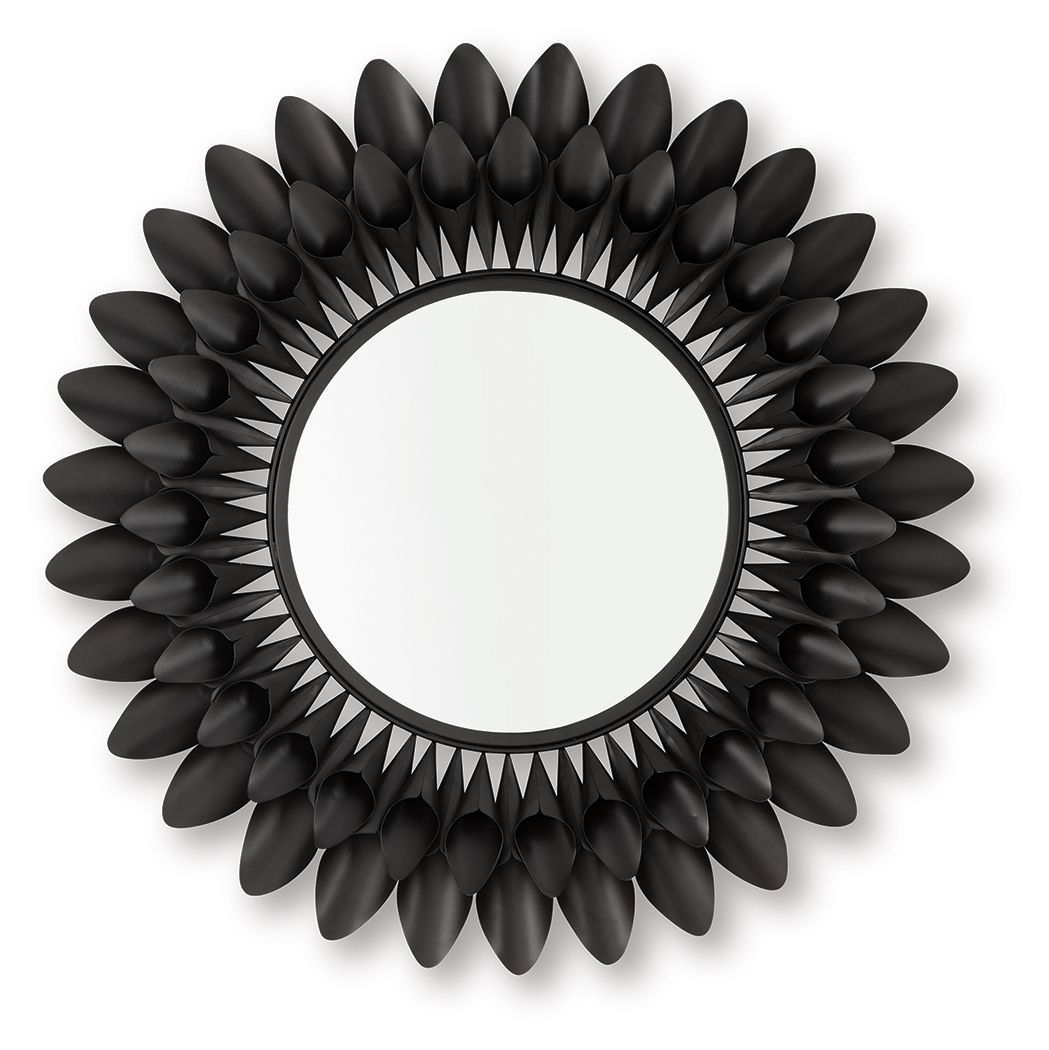 Round accent mirror with dark metal petal frame and clear glass