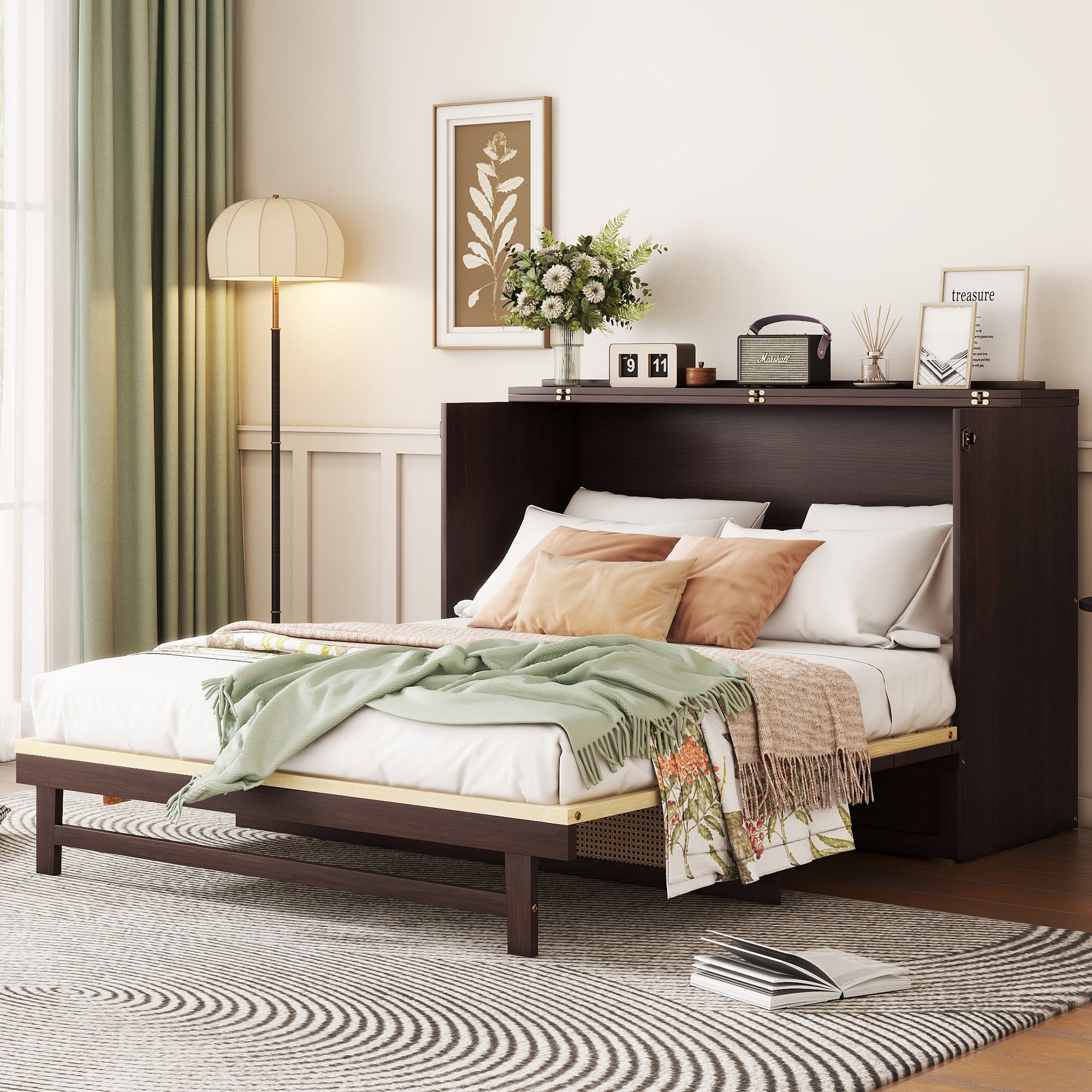 Queen Murphy Bed: Pine Wood, Rattan, Storage