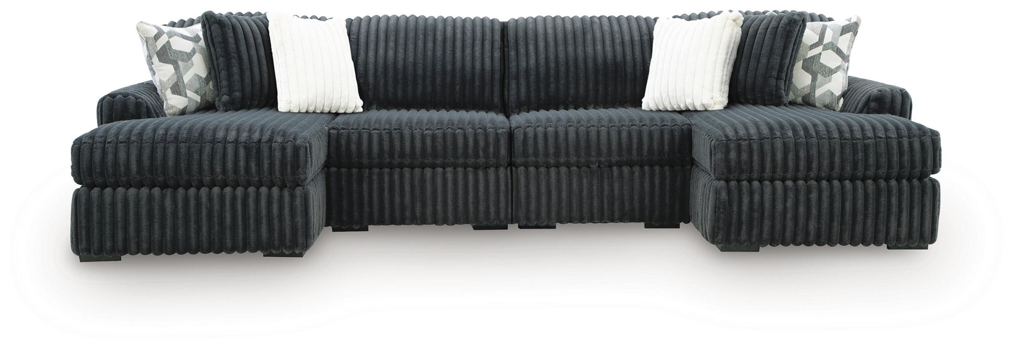 Charcoal corduroy sectional sofa with chaise seats and white accent pillows