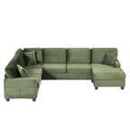 Green corduroy U-shaped sectional sofa with pillows and striped upholstery texture