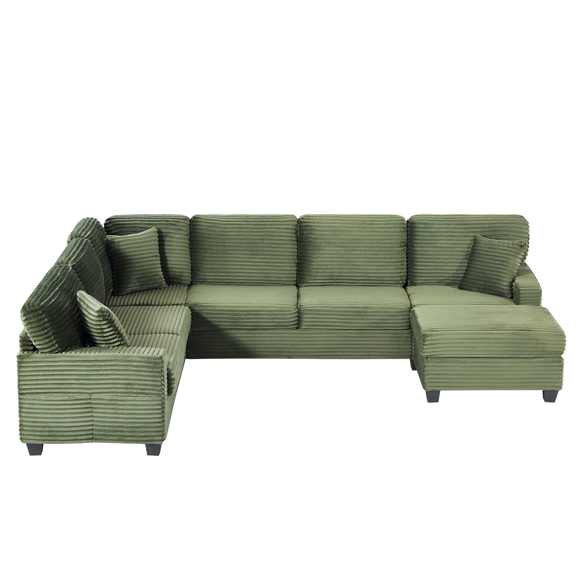 Green corduroy U-shaped sectional sofa with pillows and striped upholstery texture