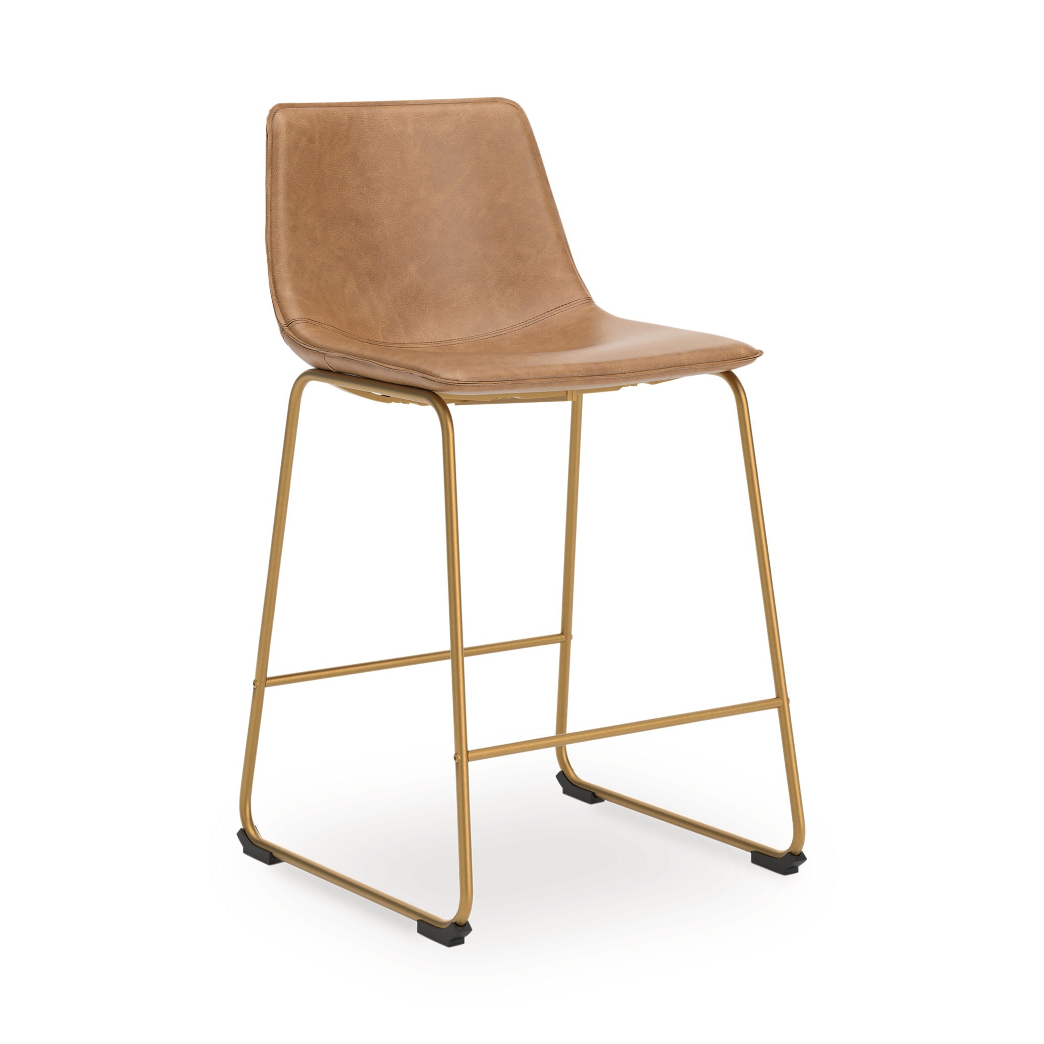 Upholstered barstool with light brown padded seat, gold-tone frame and footrest