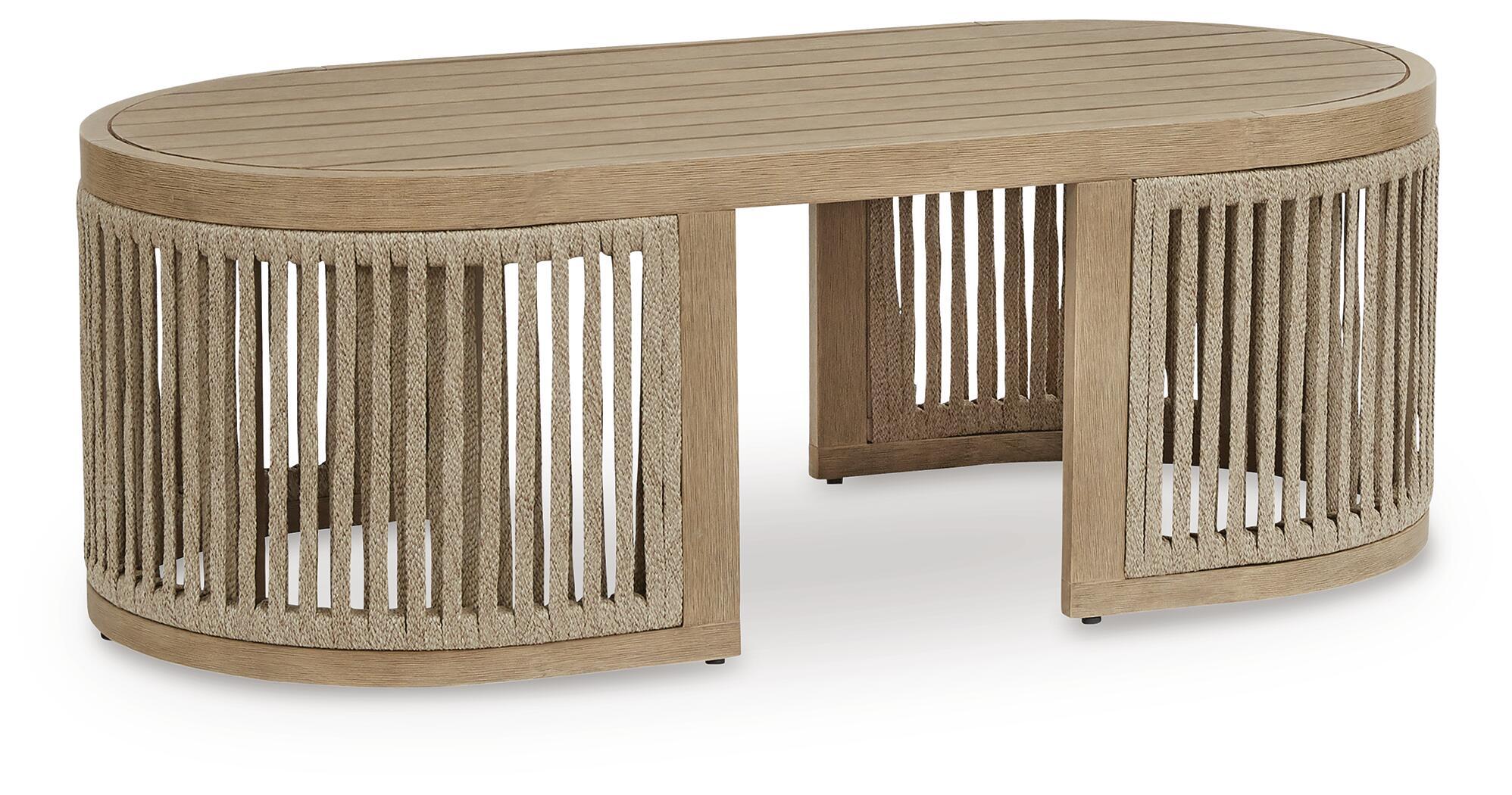 Beige cocktail table with circular top and slatted pedestal base