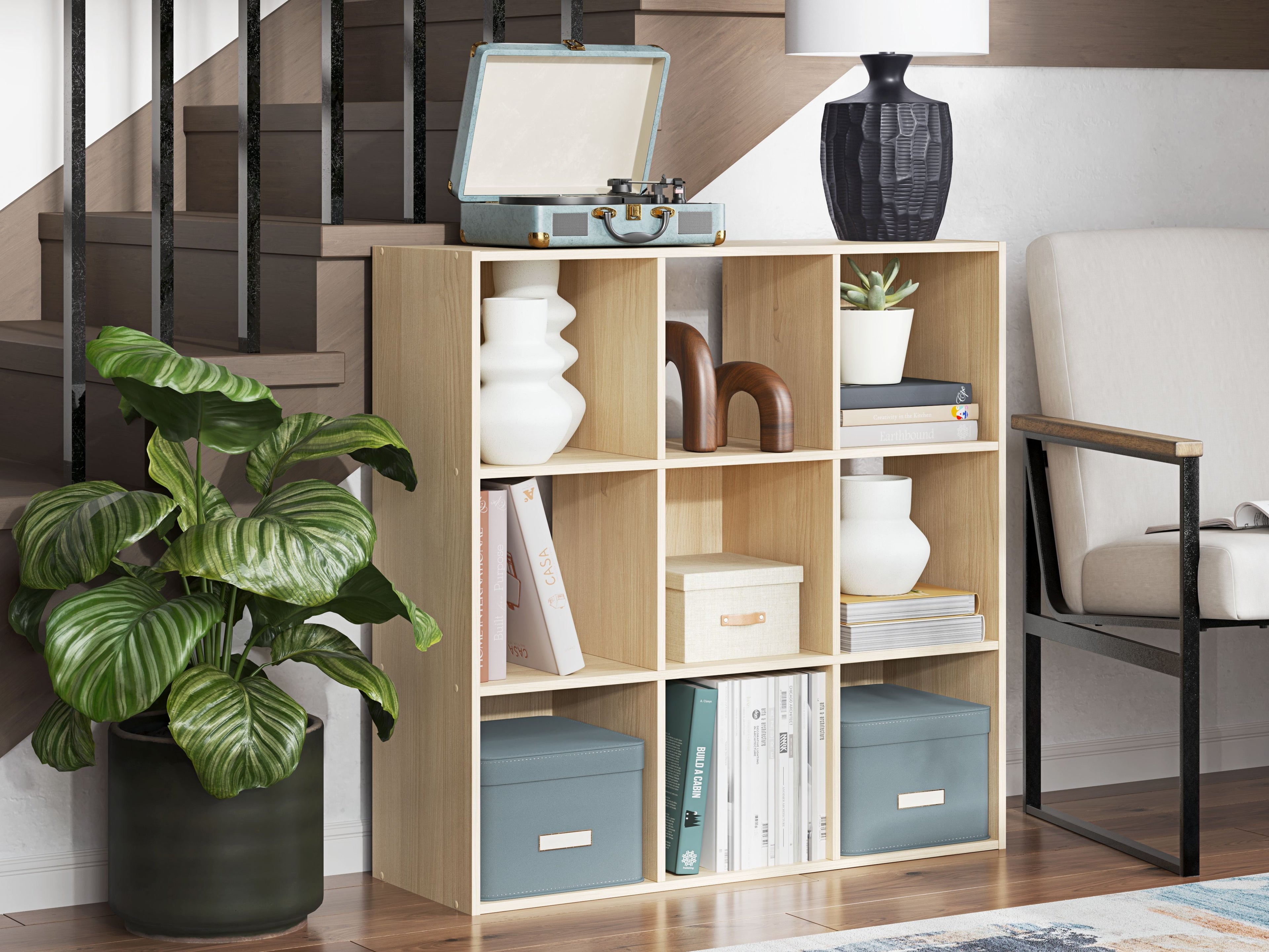 Light wood cube organizer with multiple open square cubbies for storage