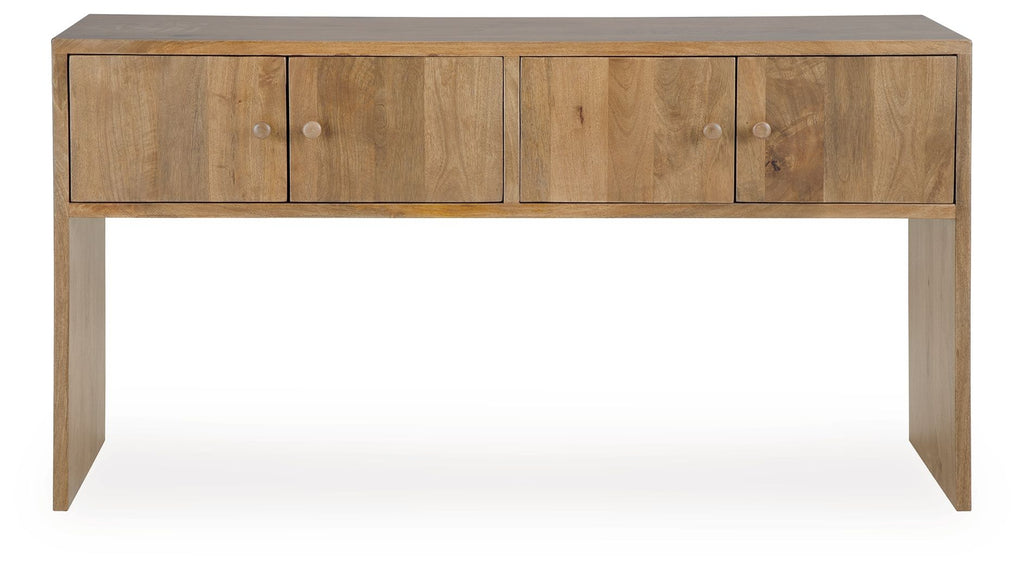 Rich brown wood console table with four drawer fronts and smooth top