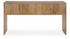 Rich brown wood console table with four drawer fronts and smooth top
