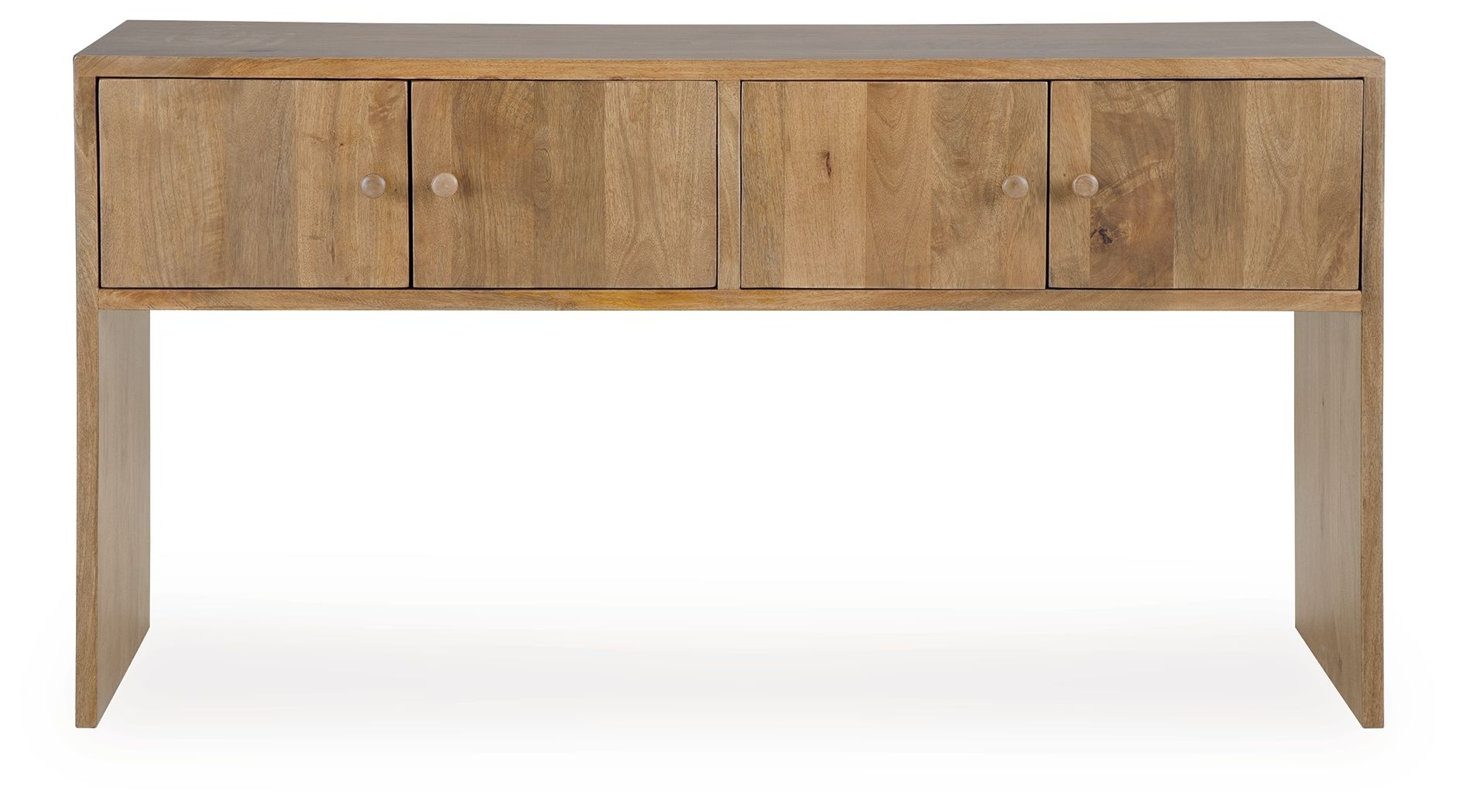 Rich brown wood console table with four drawer fronts and smooth top