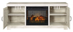 Whitewash TV stand with faux fireplace insert and open side shelves