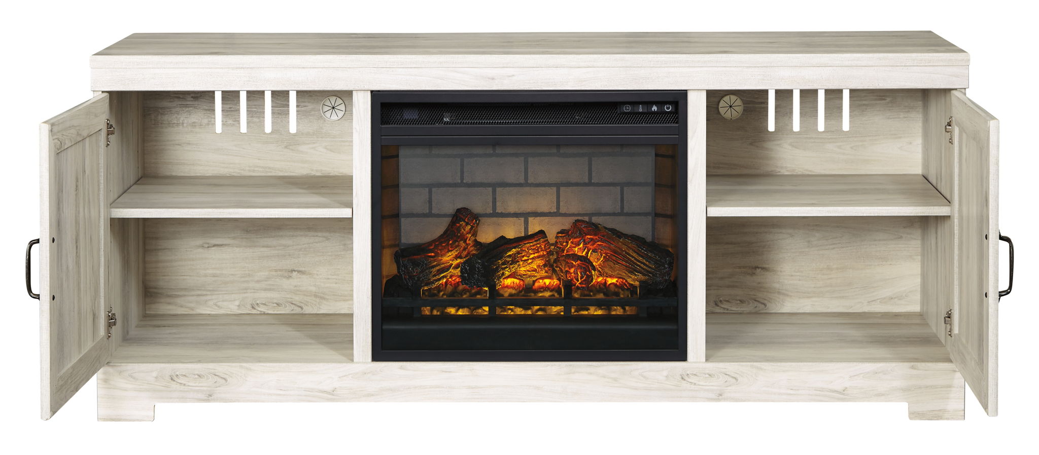 Whitewash TV stand with faux fireplace insert and open side shelves