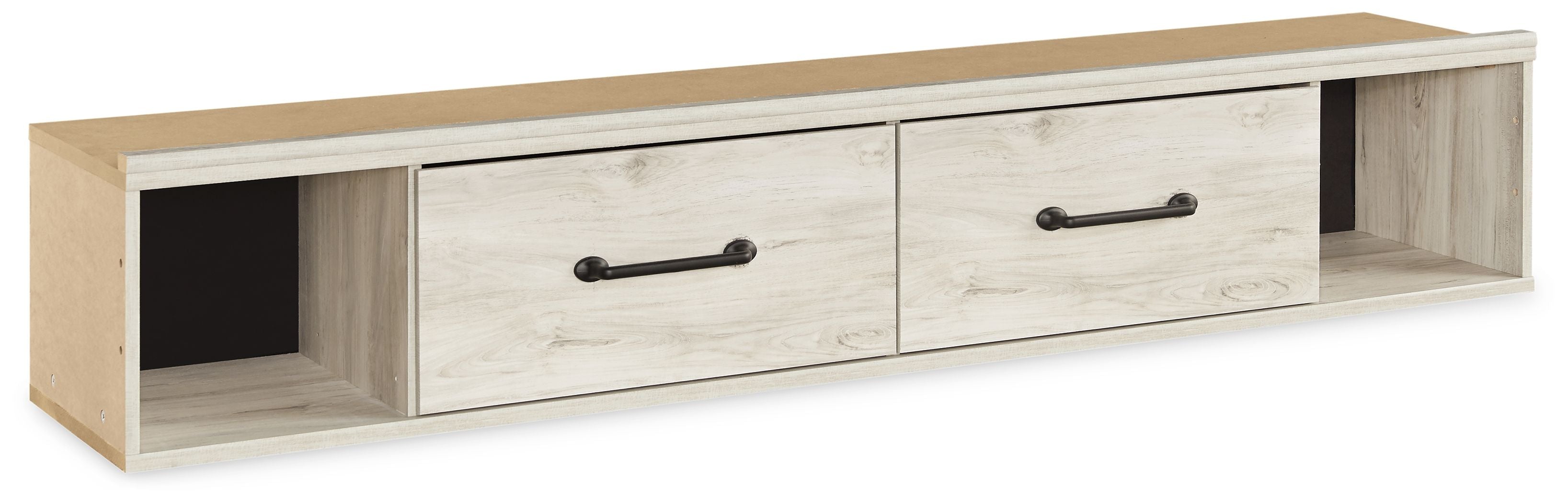 Cambeck side storage with rail, whitewash finish, two drawers and open shelf