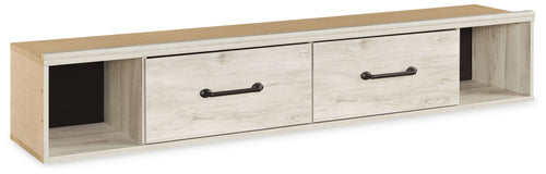 Cambeck side storage with rail, whitewash finish, two drawers and open shelf