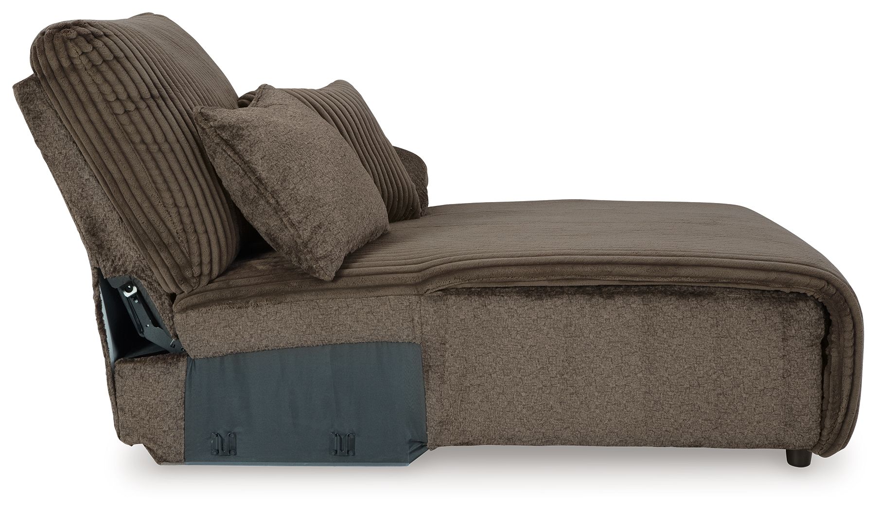 Chocolate ribbed chaise with press-back arms, back pillows, and corner base detail
