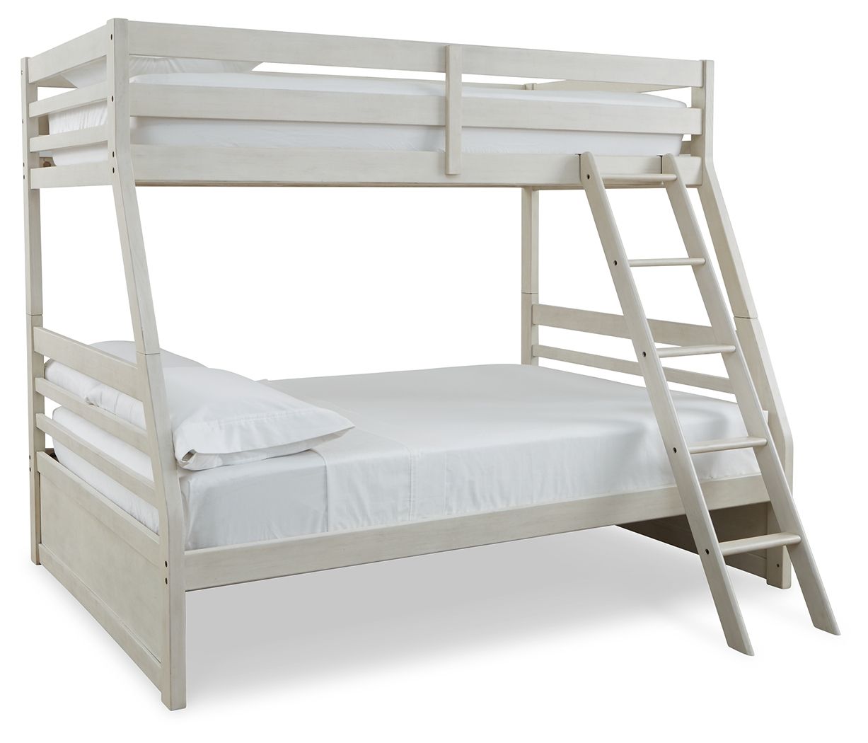 White bunk bed with guard rails and ladder; lower bed platform visible