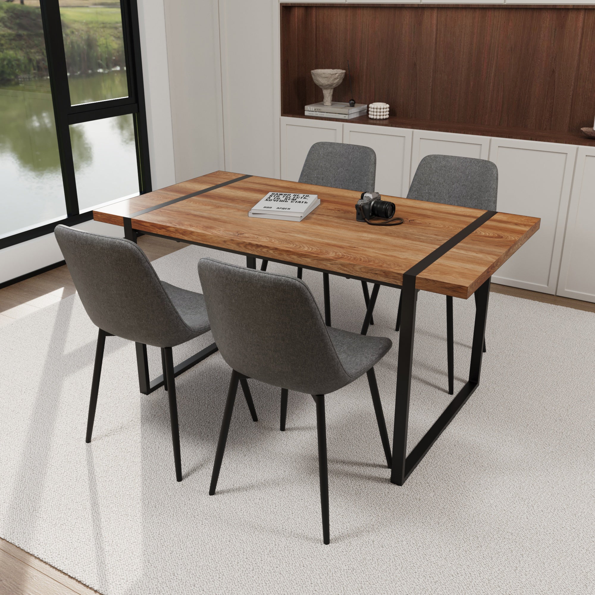 59" Modern Dining Table Set w/ 4 Suede Chairs