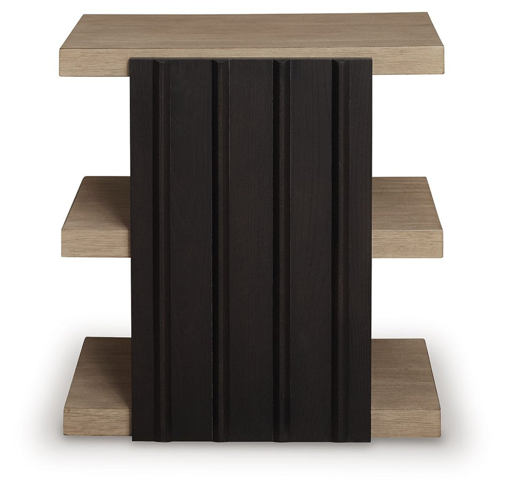 Rectangular end table with black slatted center and light brown top and surrounding shelves