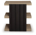 Rectangular end table with black slatted center and light brown top and surrounding shelves