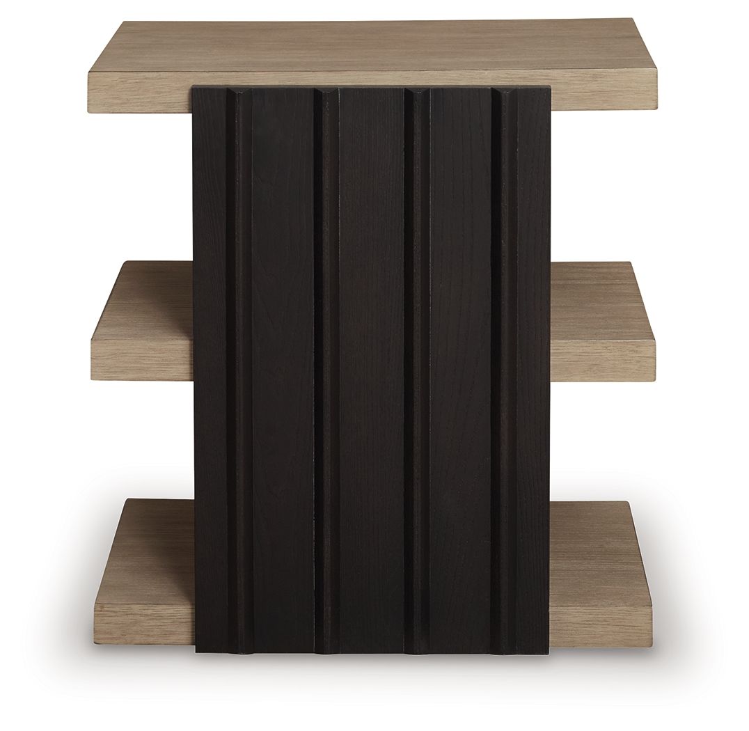 Rectangular end table with black slatted center and light brown top and surrounding shelves