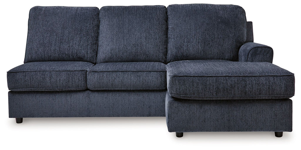 Sofa chaise sectional in dark cobalt fabric with corner chaise and three seat cushions